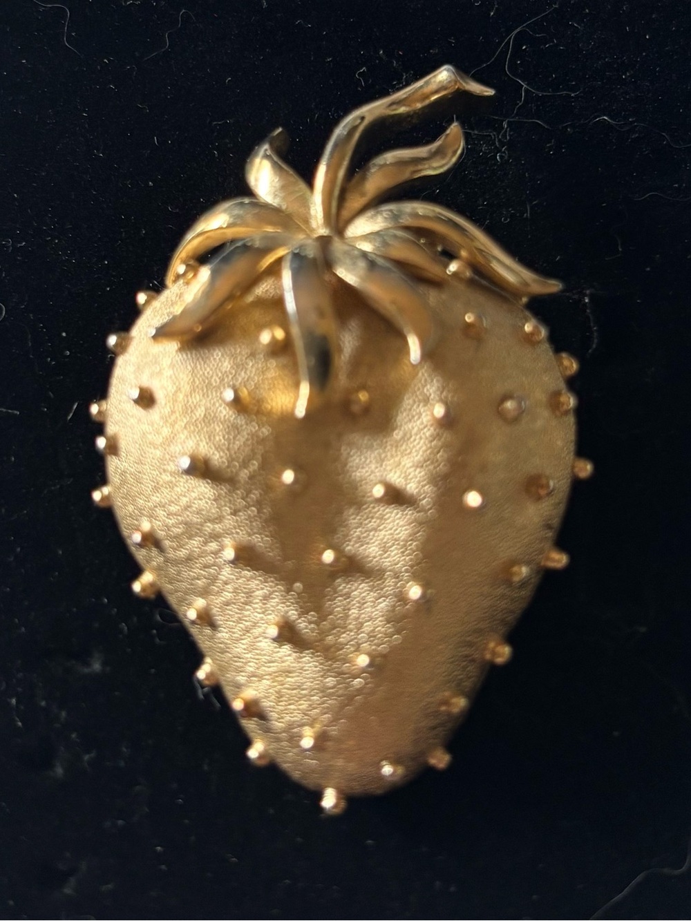Vintage Signed Trifari Gold Tone Strawberry BroochTextured Satin Finish Fruit